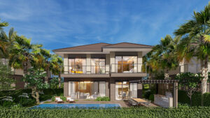 Phối cảnh căn nhà tại Izumi City nhìn từ phía hồ bơi và sân vườn