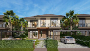 Phối cảnh mặt trước căn VB2.1 Izumi City với hàng cọ và lối xe vào