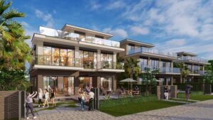 Phối cảnh dãy shop villa VC3.1 Izumi Riverside với mặt tiền kính và lối đi bộ