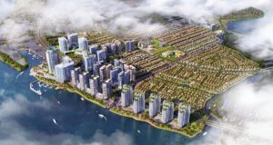 Phối cảnh toàn khu đô thị Izumi City ven sông với cụm cao tầng, nhìn từ trên cao
