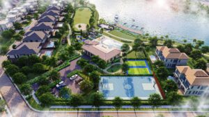 Phối cảnh khu tiện ích Izumi Riverside với sân thể thao, bể bơi và nhà câu lạc bộ