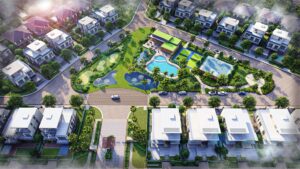 Phối cảnh cụm nhà quanh bể bơi và công viên nội khu Izumi Riverside