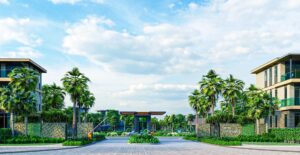Phối cảnh cổng vào khu compound Izumi Riverside với hàng cọ hai bên