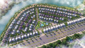 Phối cảnh dãy nhà Izumi Riverside xếp hình xương cá bên mặt nước