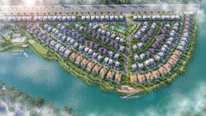 Phối cảnh toàn phân khu Izumi Riverside hình vòng cung bên mặt nước, nhìn từ trên cao
