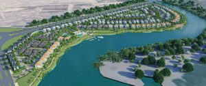 Phối cảnh bán đảo Izumi Riverside với dãy nhà chạy dọc bờ sông