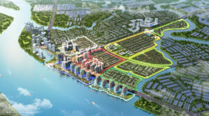 Sơ đồ phân khu Izumi City tô màu trên nền phối cảnh toàn dự án ven sông