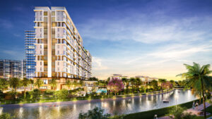 Phối cảnh tòa căn hộ Flora Izumi City về đêm nhìn từ phía mặt nước