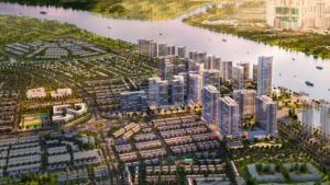 Phối cảnh khu đô thị Izumi City ven sông với cụm tháp cao tầng