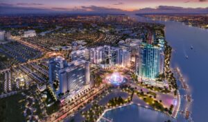 Phối cảnh trung tâm Izumi City về đêm với tòa tháp và bến du thuyền
