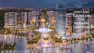 Phối cảnh tương lai trung tâm Izumi City về đêm bên bến du thuyền