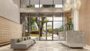 Sảnh lễ tân căn hộ Flora Izumi City với quầy đá và đèn trang trí