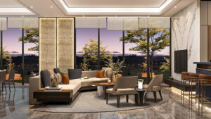 Nhà mẫu căn hộ Flora Izumi City: phòng khách với cửa kính lớn