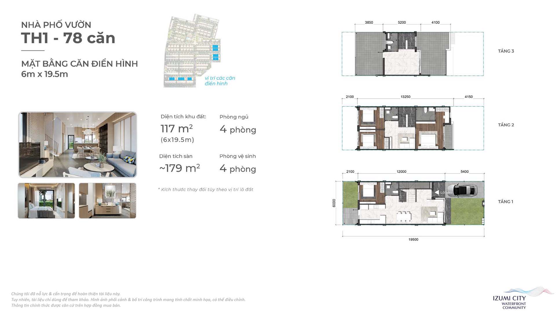 Mặt bằng căn điển hình nhà phố vườn TH1 Izumi City 6x19,5m, đất 117 m², sàn 179 m², 4 phòng ngủ
