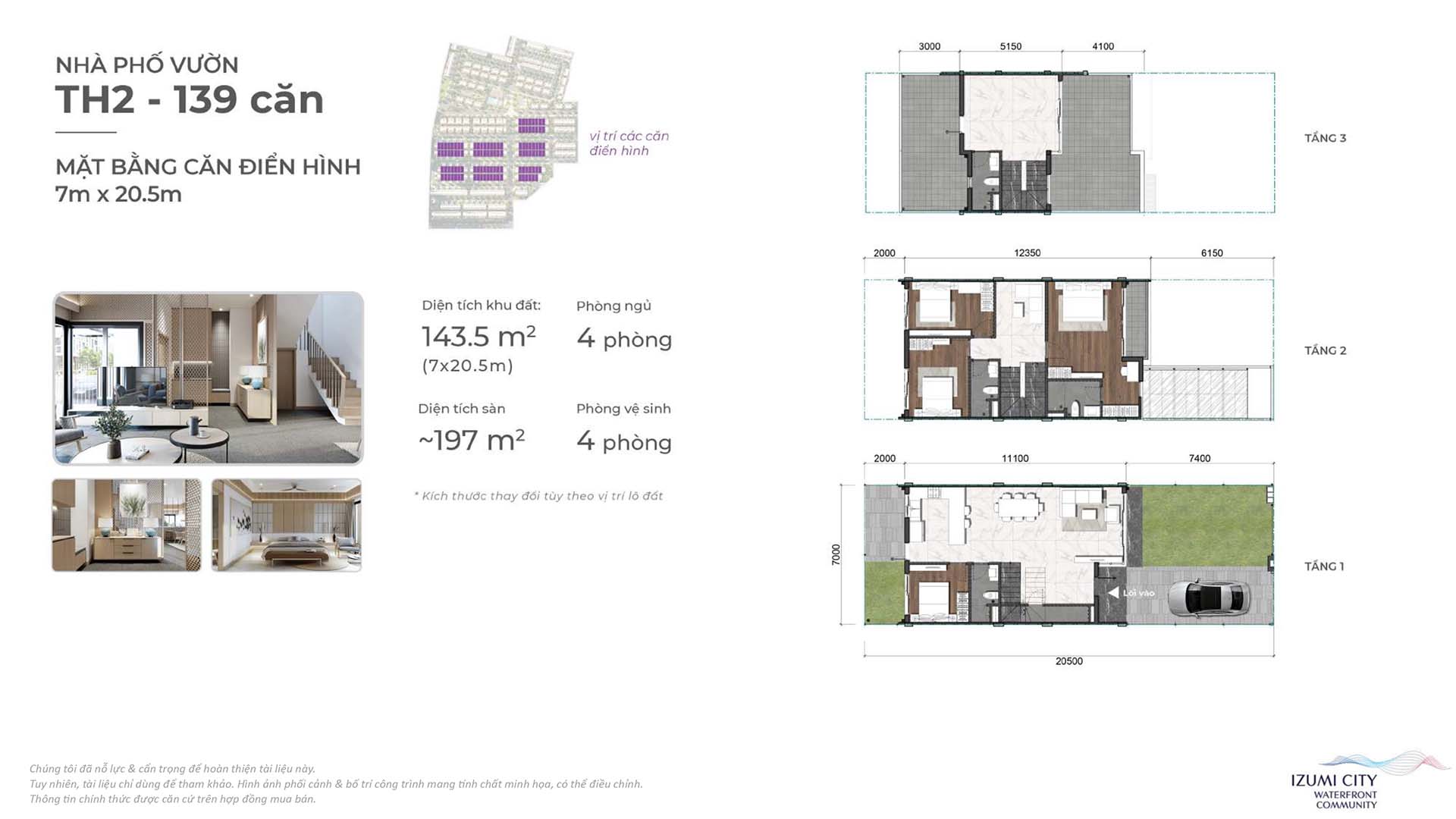 Mặt bằng căn điển hình nhà phố vườn TH2 Izumi City 7x20,5m, đất 143,5 m², sàn 197 m²