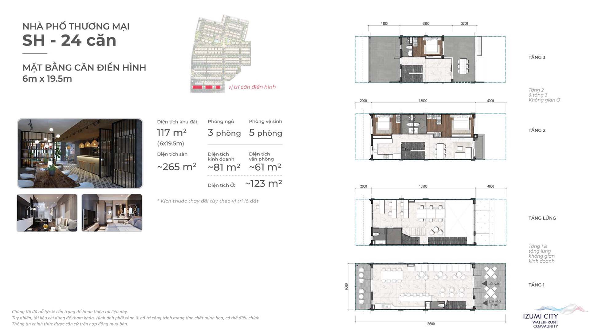 Mặt bằng căn điển hình nhà phố thương mại SH Izumi City 6x19,5m, đất 117 m², sàn 265 m²