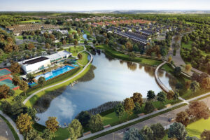 Phối cảnh khu đô thị có hồ trung tâm và clubhouse do GuocoLand phát triển