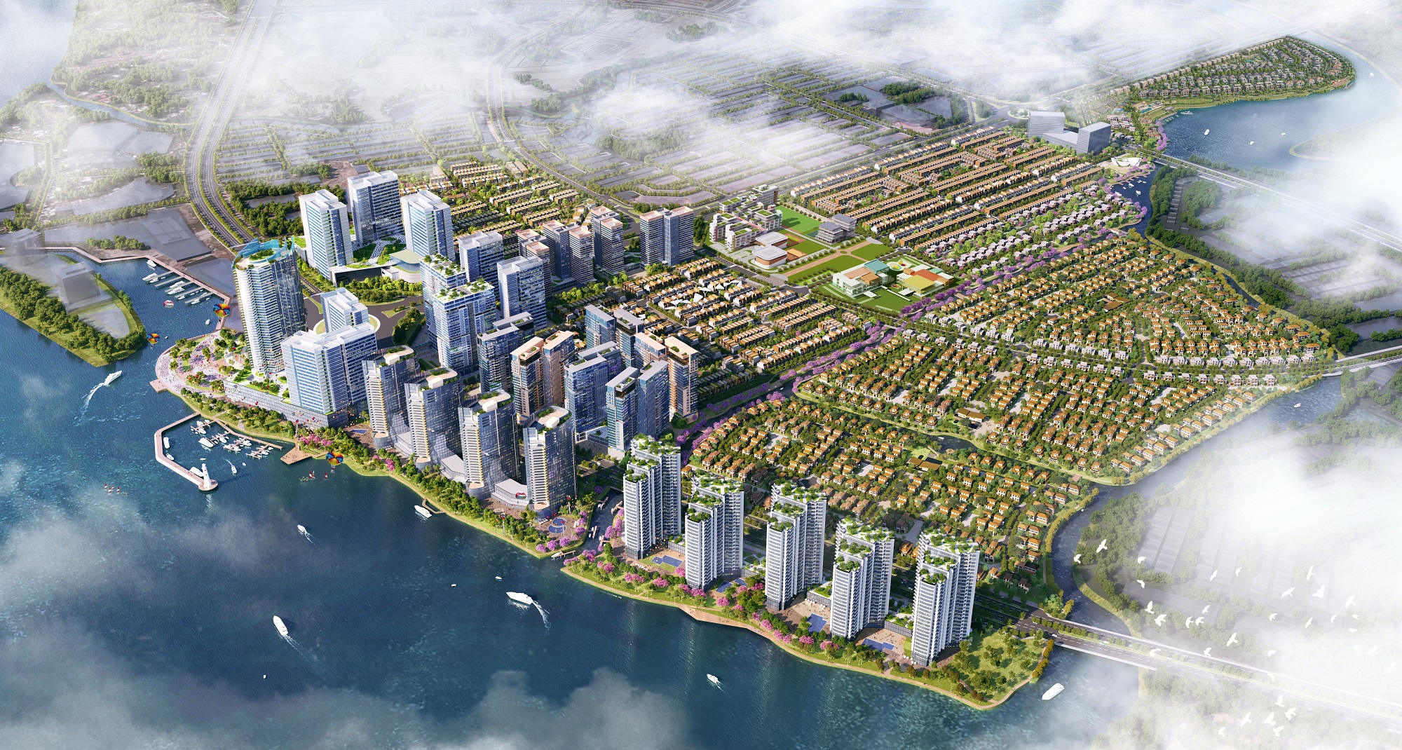 Phối cảnh khu đô thị Izumi City ven sông Đồng Nai với khu thấp tầng và cụm căn hộ