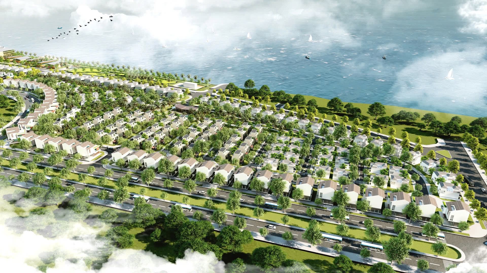 Phối cảnh khu nhà thấp tầng quy mô lớn nhìn từ trên cao