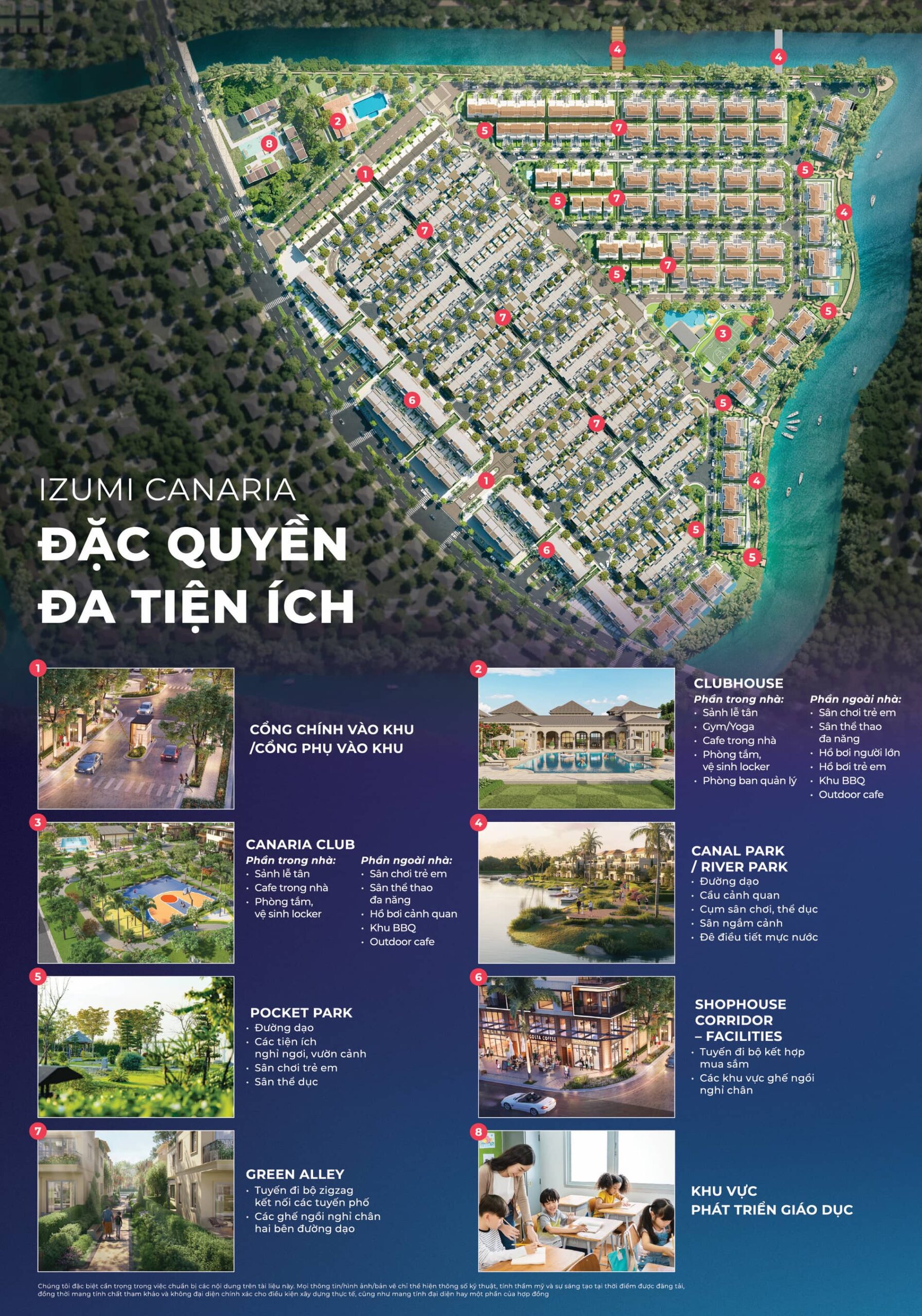 Sơ đồ tiện ích Izumi Canaria: clubhouse, canal park, pocket park và tuyến shophouse