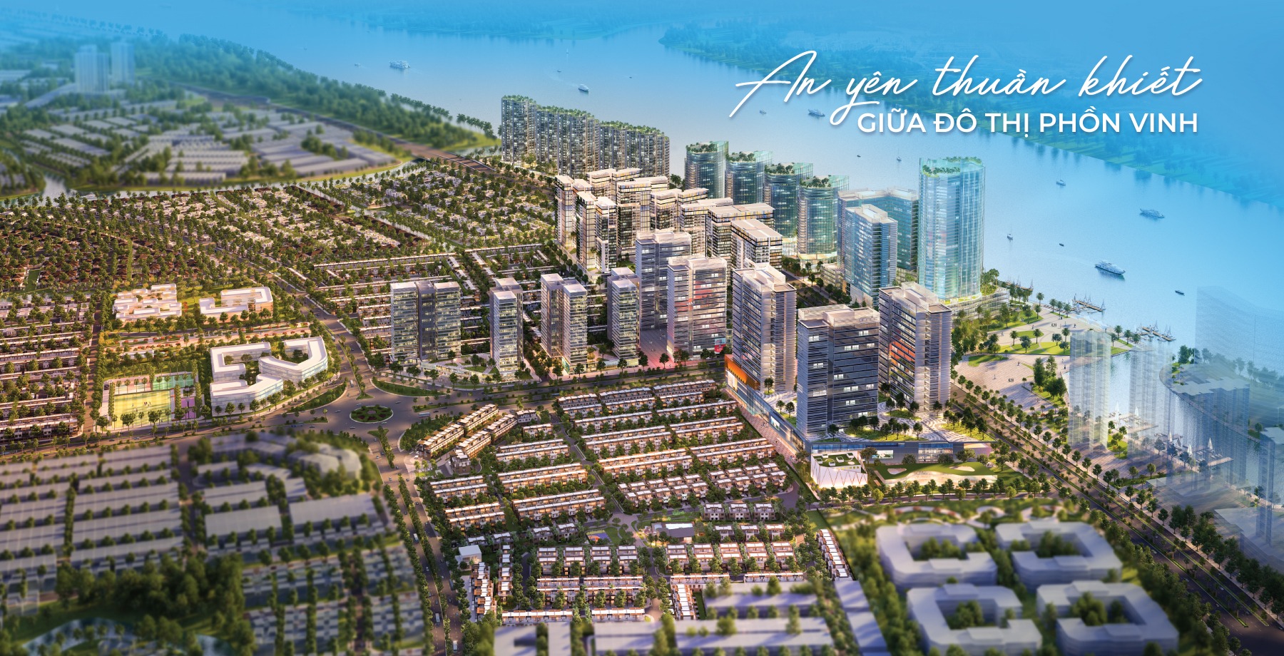 Phối cảnh khu cao tầng và nhà phố Izumi City bên sông nhìn từ trên cao