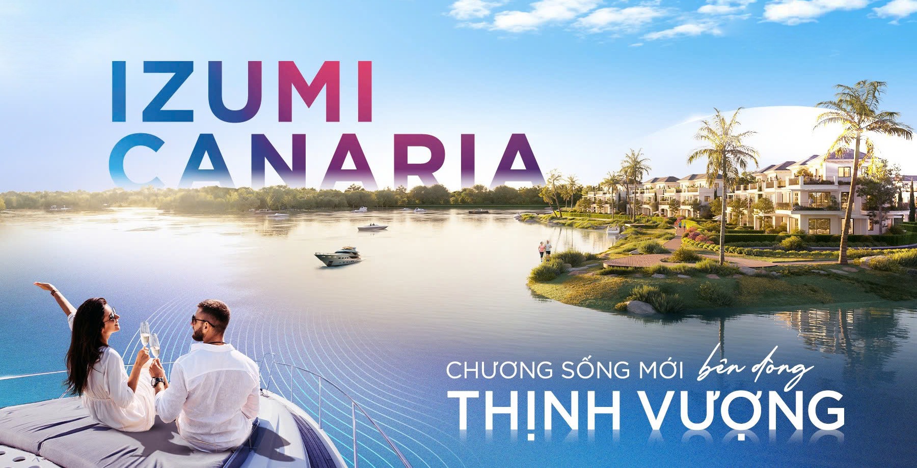 Phân khu Izumi Canaria bên sông với dãy nhà thấp tầng và du thuyền