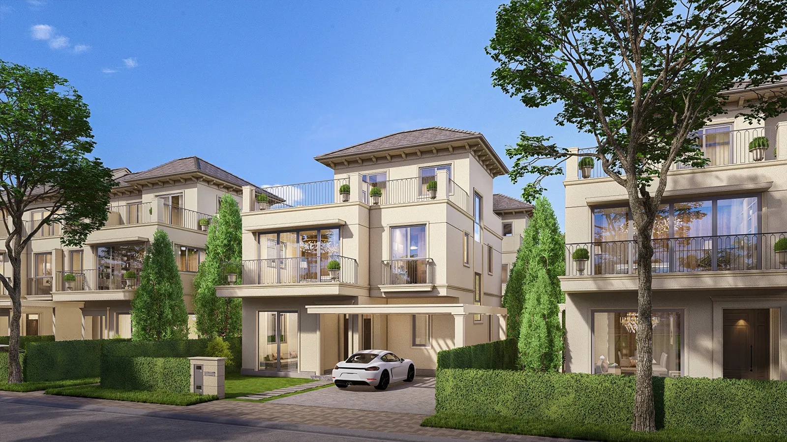 Phối cảnh căn nhà góc Izumi Canaria với sân vườn và lối xe vào