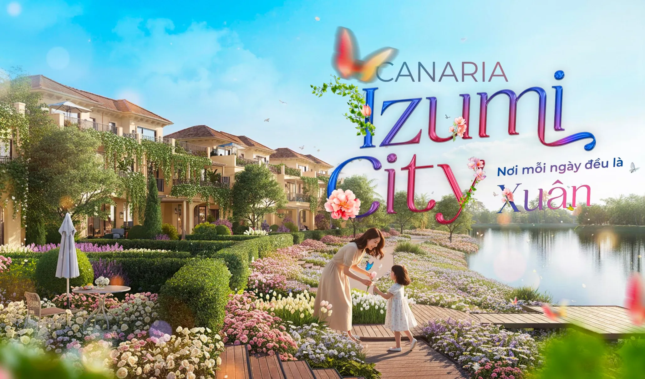Phân khu Canaria Izumi City với vườn hoa và nhà thấp tầng ven hồ