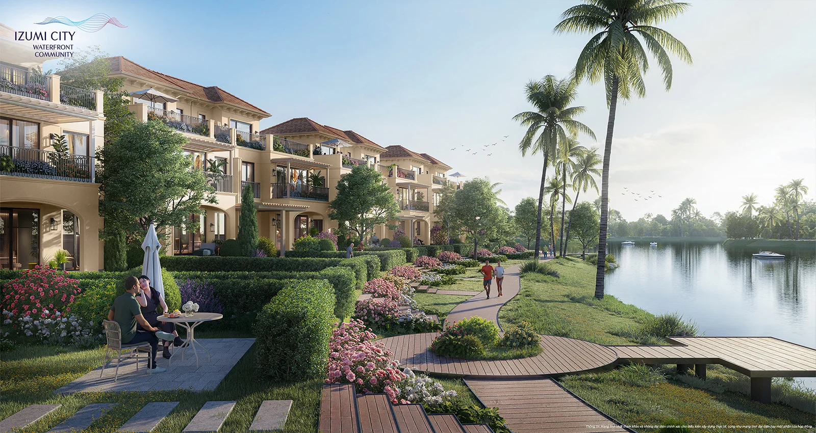 Phối cảnh dãy nhà ven hồ Izumi City với lối dạo bộ và bến gỗ