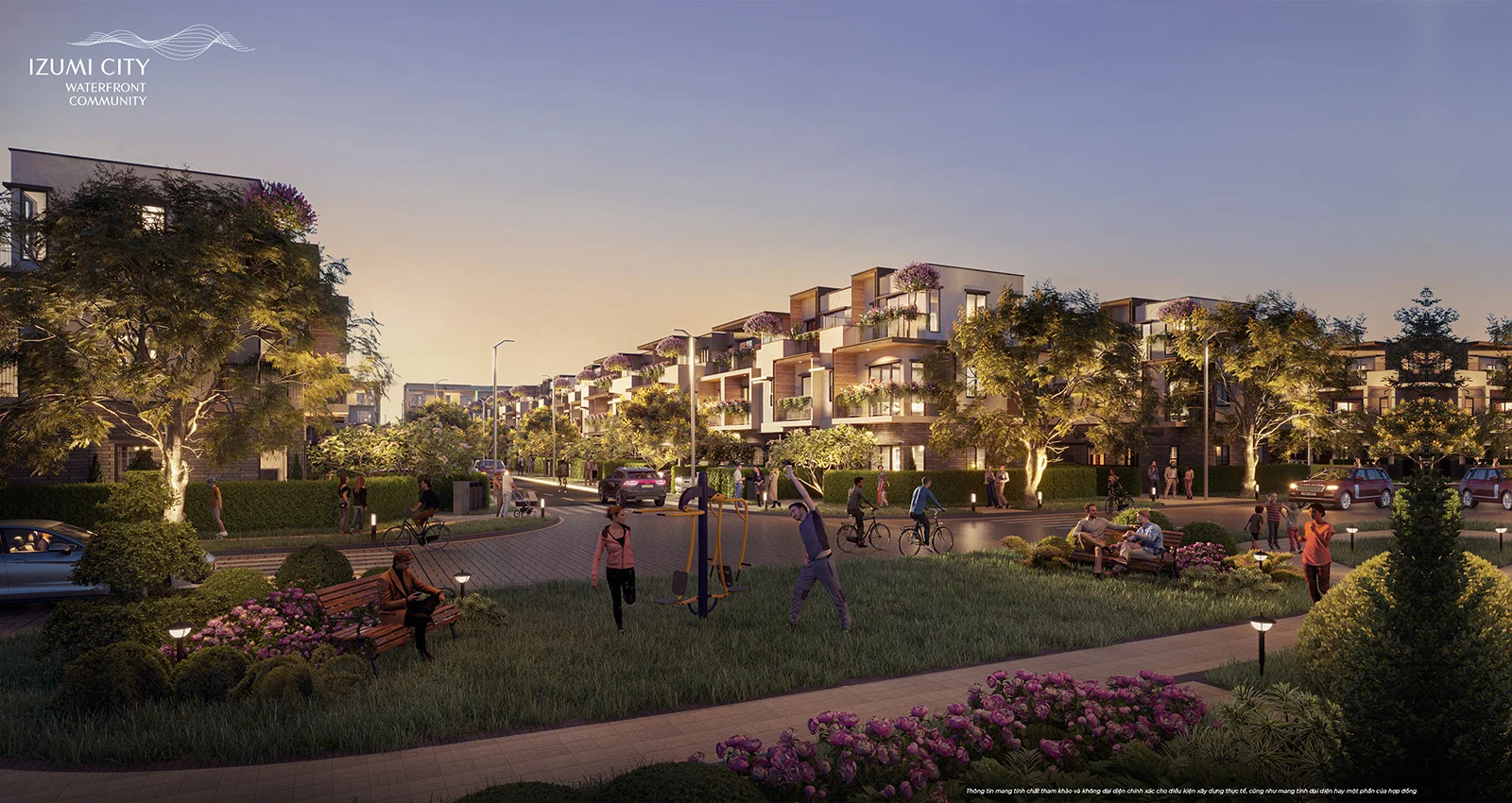 Phối cảnh công viên nội khu và tuyến đường dạo bộ Izumi City buổi tối