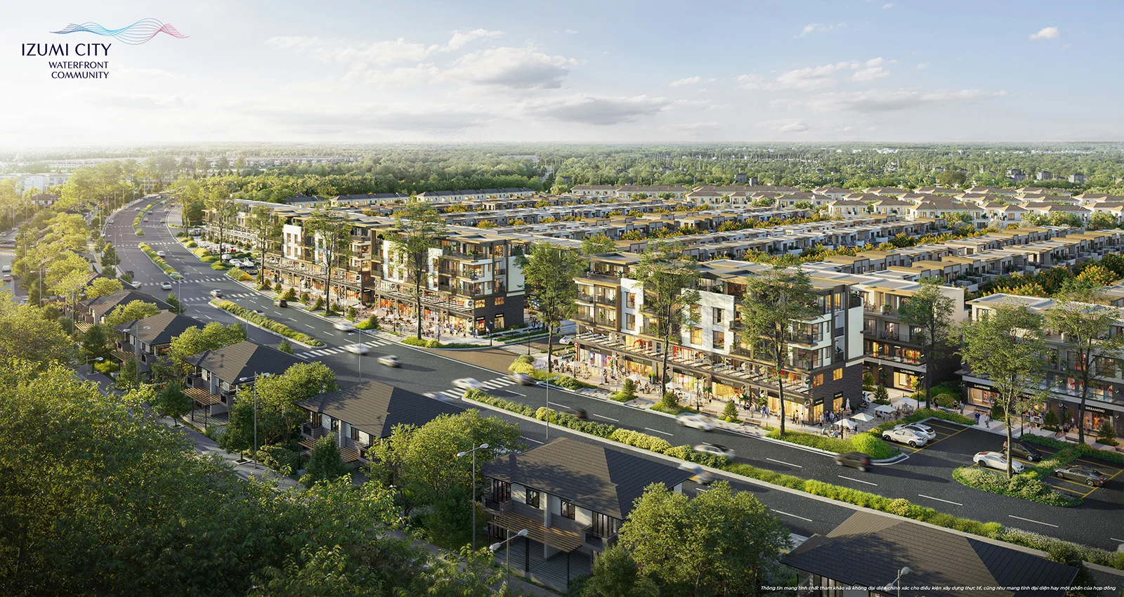 Phối cảnh tuyến phố thương mại và nhà phố Izumi City nhìn từ trên cao