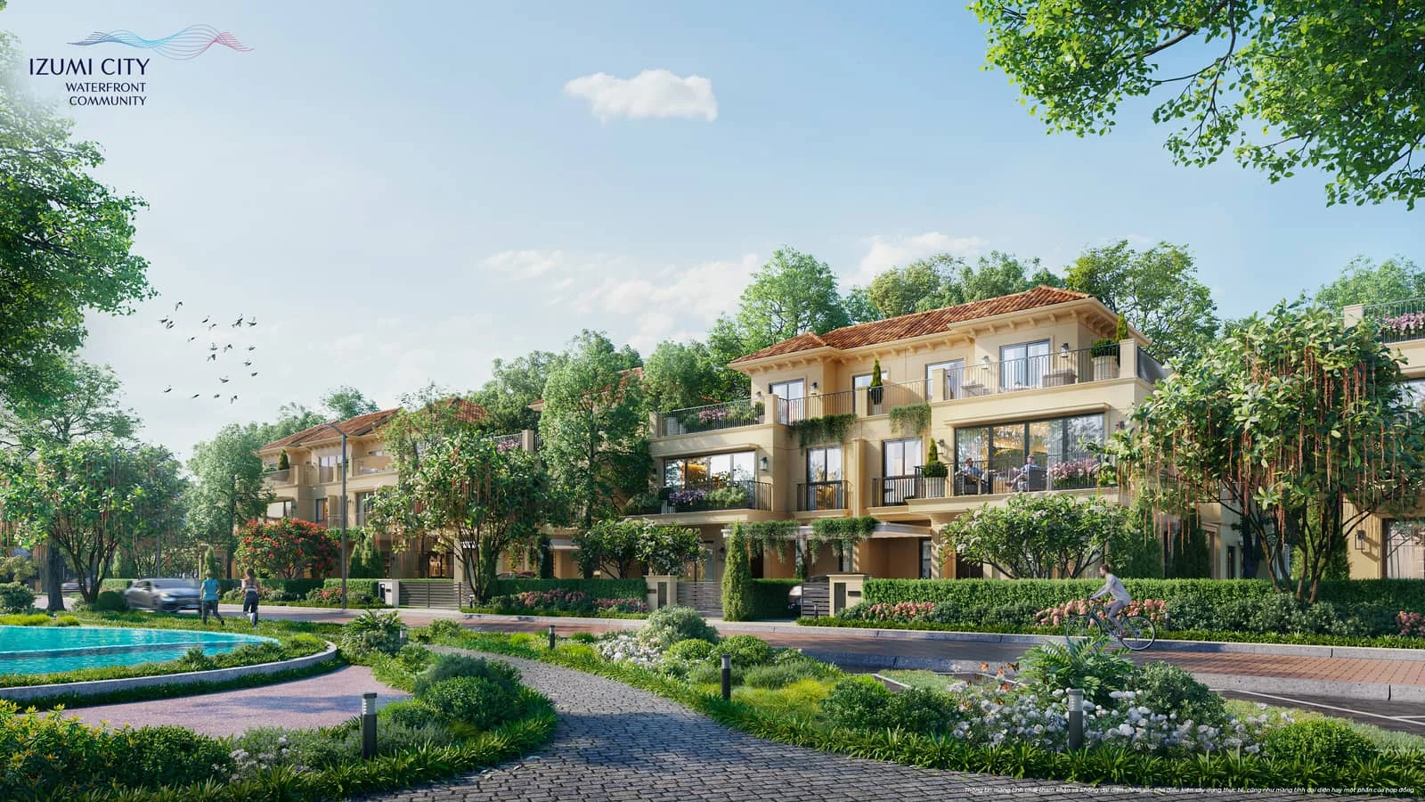 Phối cảnh nhà thấp tầng Izumi City bên hồ cảnh quan nội khu