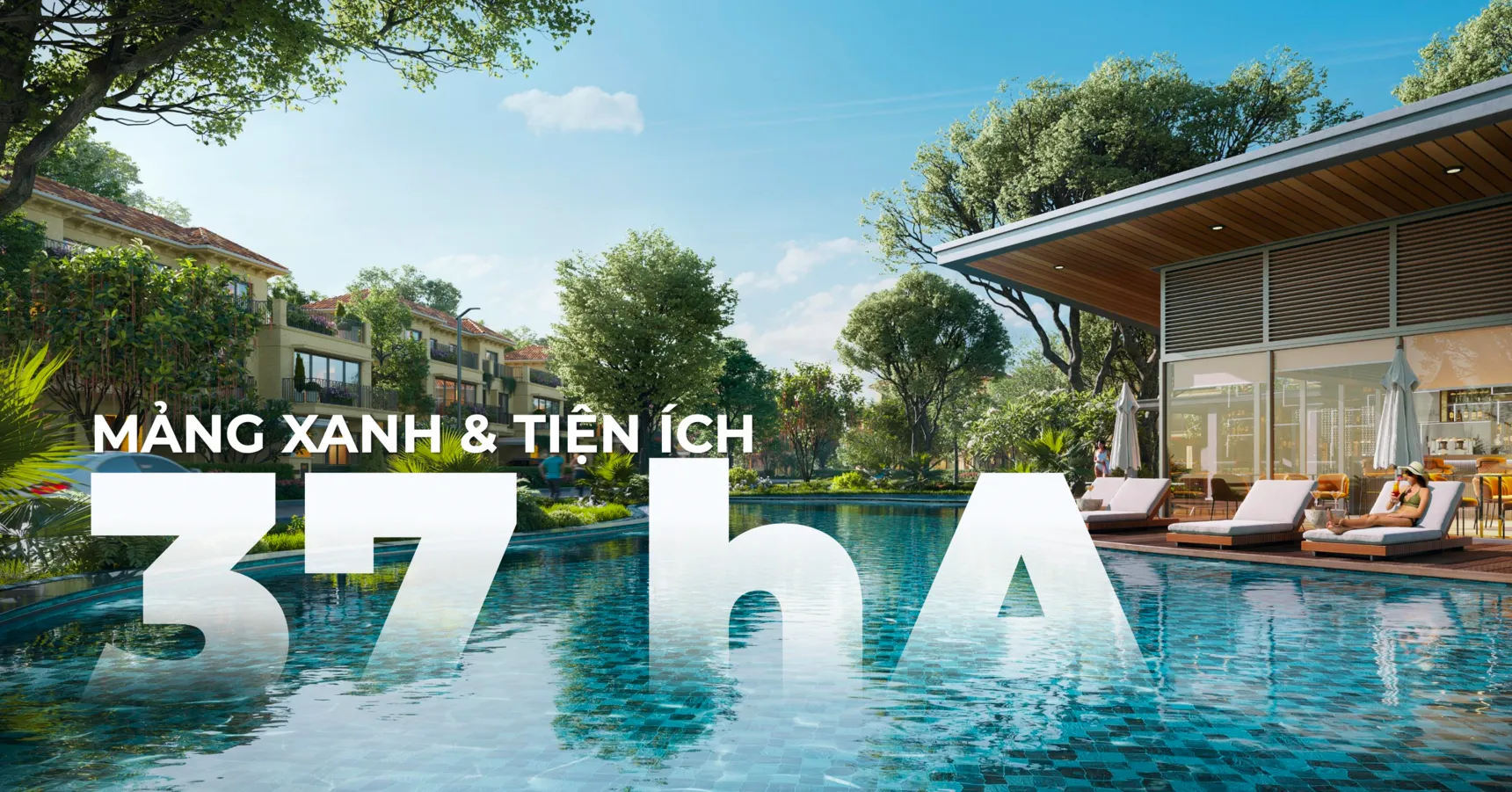 Bể bơi và mảng xanh trong 37 ha tiện ích của khu đô thị Izumi City