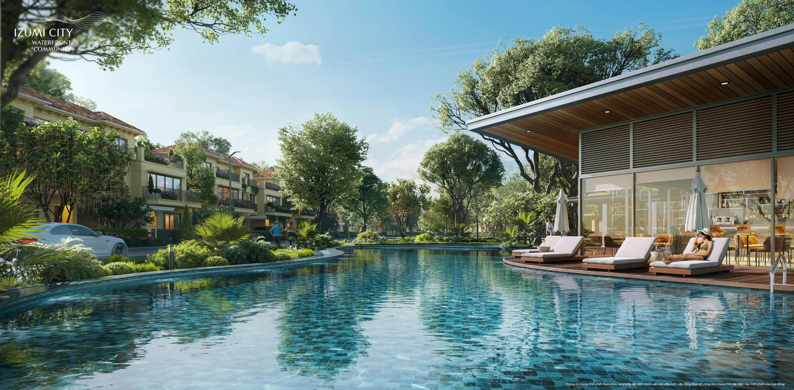 Bể bơi nội khu cạnh clubhouse mái gỗ tại Izumi Canaria