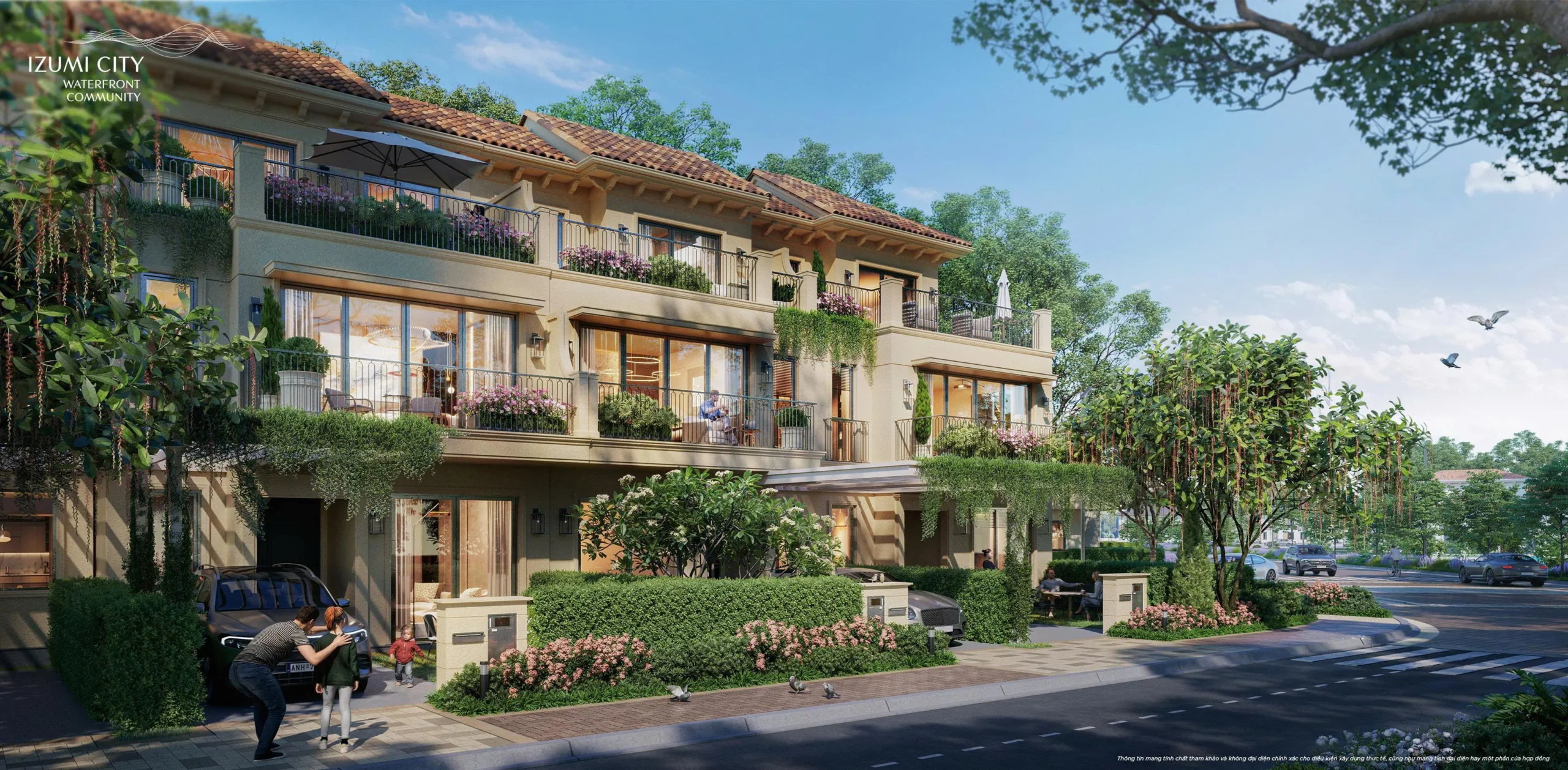 Phối cảnh dãy nhà thấp tầng Izumi Canaria với ban công phủ cây xanh