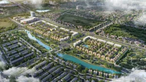 Phối cảnh khu đô thị thấp tầng với kênh nước chạy giữa