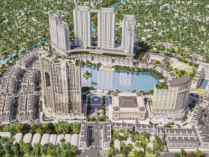 Phối cảnh ban ngày khu phức hợp Hồ Gươm Xanh với tháp đôi và hồ trung tâm
