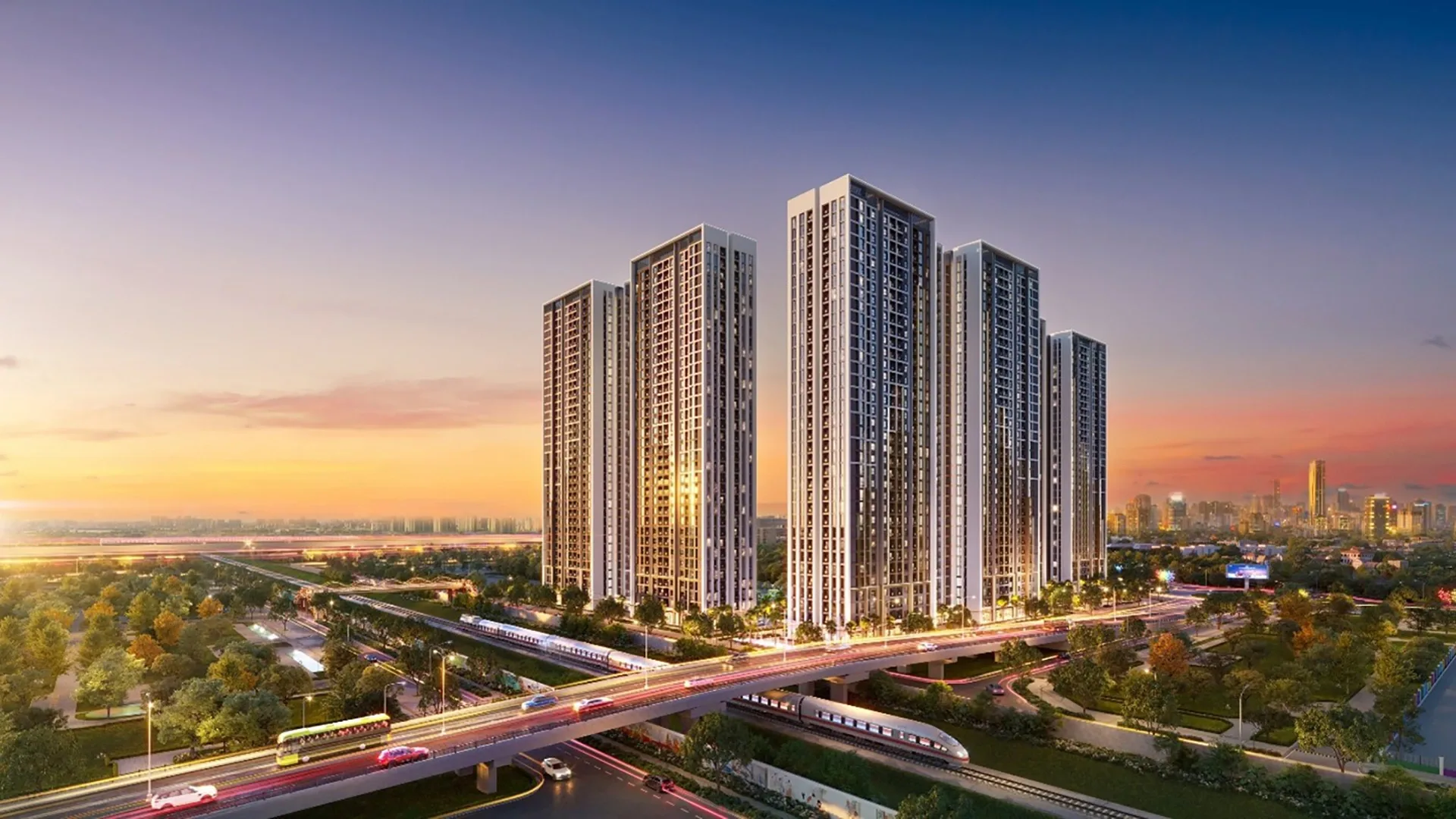 Phối cảnh Imperia Sensa Park về đêm nhìn từ trục đường có cầu vượt và tuyến metro