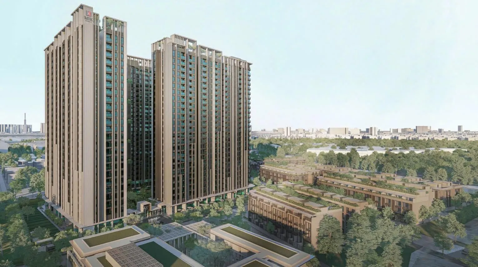 Phối cảnh tổng thể Imperia Sensa Park với cụm tháp cao tầng và khối thấp tầng ven sông