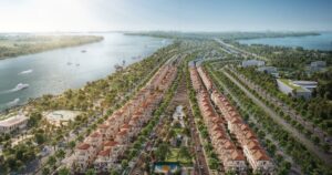 Đảo Đại Phước nhìn từ trên cao với các dãy biệt thự Elyse Island ven sông