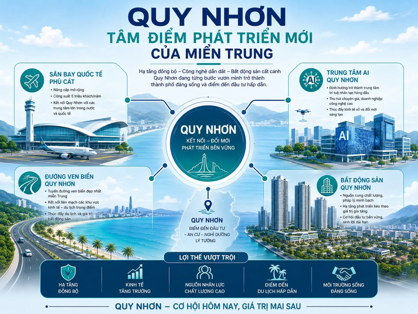 Infographic ba động lực phát triển Quy Nhơn 2026 gồm sân bay Phù Cát, trung tâm AI và du lịch