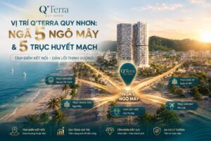 Infographic vị trí Q'Terra Quy Nhơn tại ngã 5 Ngô Mây với 5 trục đường huyết mạch tỏa ra