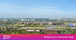 Toàn cảnh khu đô thị Izumi City nhìn từ trên cao với công viên, đường nội khu và khu nhà thấp tầng