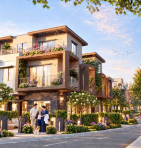 Gia đình đi dạo trước dãy nhà phố tại dự án Izumi Canaria, Izumi City